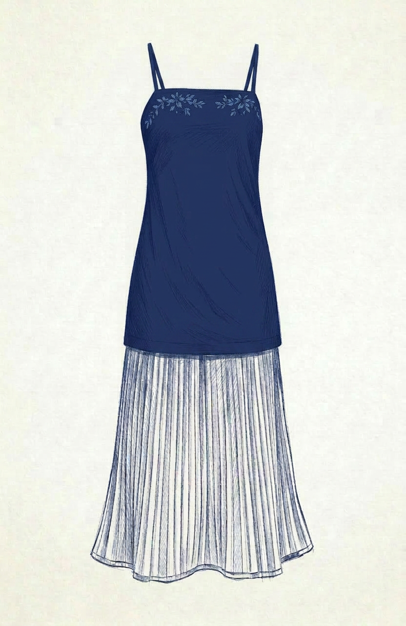 Elegant navy layered dress outfit Woman wearing a navy blue sleeveless layered dress with a rope belt and gold pointed shoes